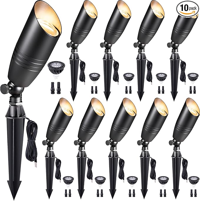 Gardenreet Low Voltage Spotlight LED - 12V Black Outdoor Light Fixture Weather Proof, Brass Landscape Lights Hardwired, Coastal for Flag Sign with Neutral White MR16 Removable Bulbs (10 Pack)