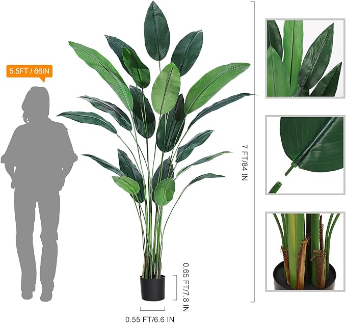 7ft Artificial Bird of Paradise Plant, Tall Faux Plants with 20 Trunks Faux Leaves, Artificial Plants Indoor Outdoor with Black Nursery Pot for Home Decor Office Living Room 2 Pack