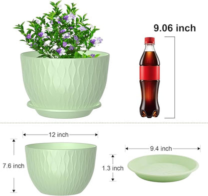 12 Inch Large Plant Pots, Flower Pots with Multi-Mesh Drainage Holes and Saucer, Plastic Planters for Indoor and Outdoor Garden Plants (Green, 12")