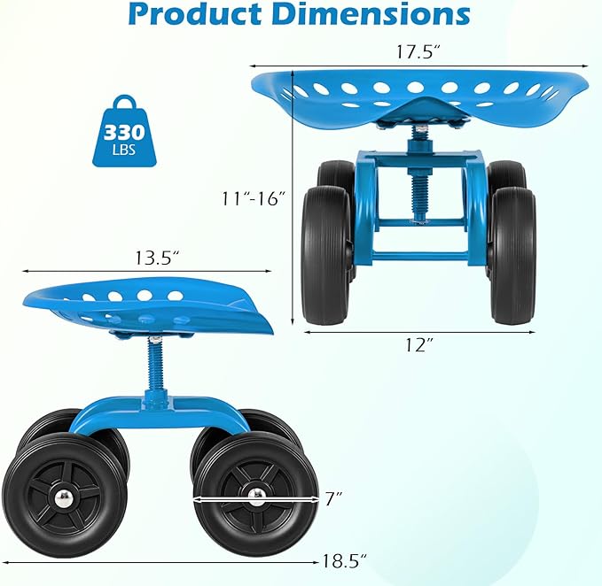 Garden Cart with Seat, Heavy-Duty Rolling Outdoor Wagon Scooter w/Height Adjustable & 360° Swivel Seat, Gardening Work Seat Stool, Patio Scooter on Wheels for Lawn Yard Planting (Blue)