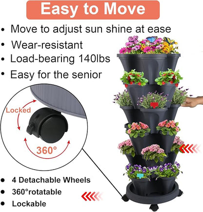 GameXcel Vertical Planter, 6 Tier Stackable Strawberry Planter with Garden Tool Set, Movable Indoor/Outdoor Garden Herb Pot for Growing Vegetables and Succulents, Dark Gray