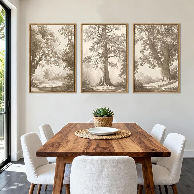 Vintage Tree Wall Art Framed Tree Sketch Antique Painting Neutral Forest Wall Decor 16x24 Inch Set of 3 for Living Room Bedroom
