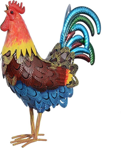 Metal Rooster Statues, Garden Chicken Decorations, Outdoor Chicken Sculptures, Metal Yard Rooster Artwork for Yard Farm Patio Lawn Porch Kitchen Decoration (Brown-Blue)