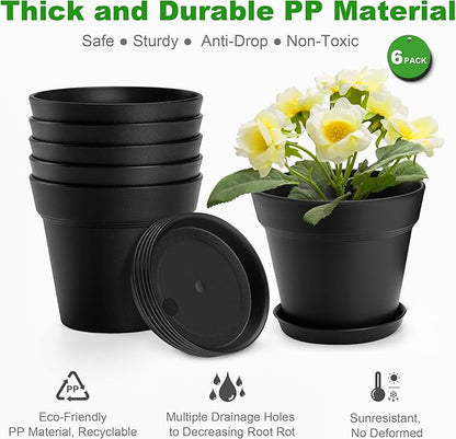 6 Pack Plastic Plant Pots with Drainage Holes and Tray, 7 inch Thickened Indoor Planters Seedlings Nursery Pots for Flowers, African Violet, Succulent and All House Plants, Black