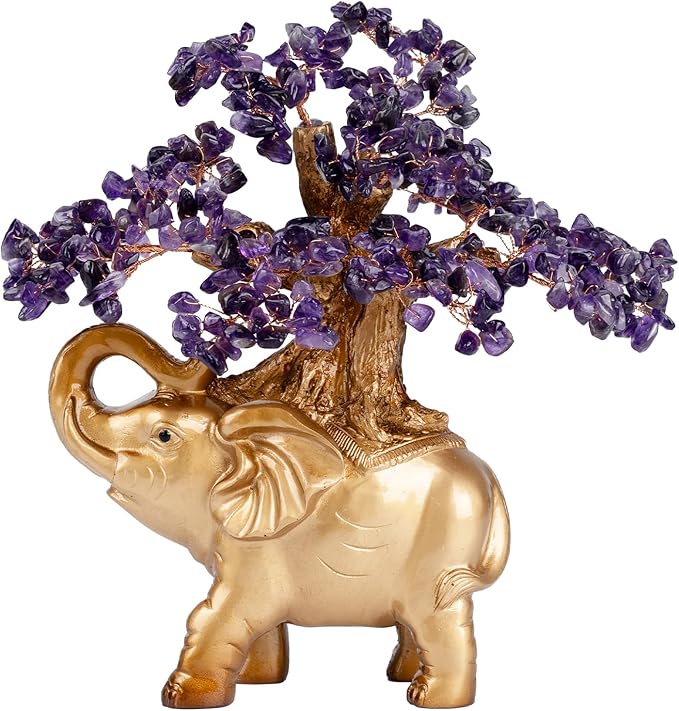 Amethyst Crystal Money Tree on Gold Mini Elephant Statue, 10”Gemstone Bonsai Tree of Life Home Décor Gifts for Wealth Positive Energy, Feng Shui Décor