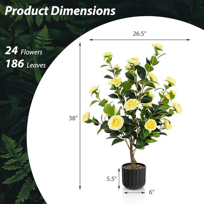 Goplus 38’’ Artificial Camellia Tree, 2 Pack Flower Plants Artificial Tree, Faux Floral Plant Blooming Tree in Cement Pot, Greenery Potted Plant for Indoor Outdoor Office Home Porch Decor