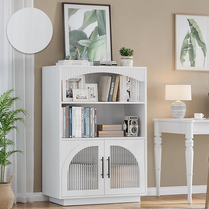 46" Bookshelf with Doors, White Bookcase with Glass Door, 3 Tier Small Bookshelf w/Deep Storage Cabinet and Adjustable Shelves, Wood Standing Mid Century Book Shelf for Home Office Kitchen