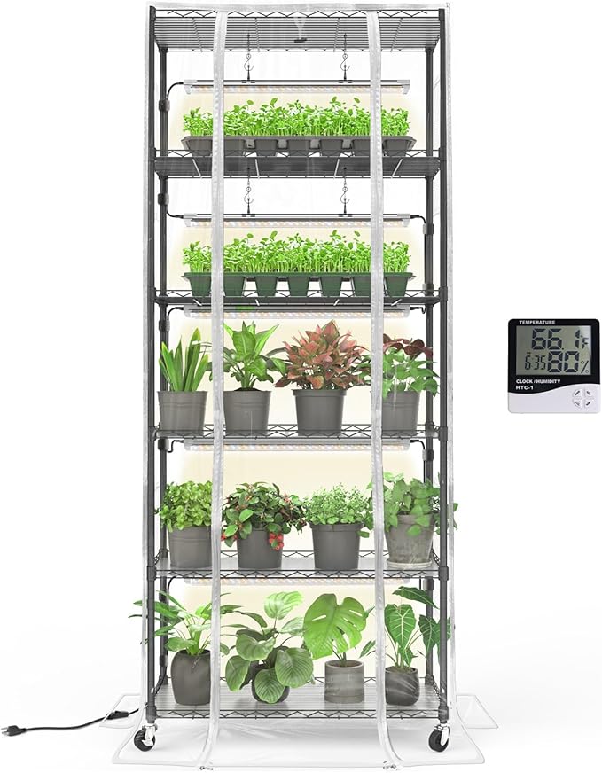 Bstrip Indoor Greenhouse with Grow Light, Mini Green House with 5 Pack T8 Full Spectrum Plant Lights, Plant Shelf with Tent for Indoor Plant, Seed Starting, Seed Tray, 29.5"x13.8"x71"