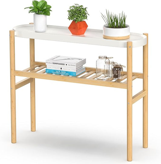 Wisuce Bamboo Plant Stands Indoor, 2 Tier Steel Tray Tall Corner Plant Stand Holder & Plant Display Rack for Outdoor Garden Indoor Home (1 - 2 Tier)