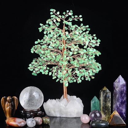 Green Aventurine with Crystal Quartz Base,Gemstone Crystal Tree of Life,Feng Shui Decor Bonsai Money Tree,Healing Crystals Positive Energy-Good Luck Spiritual Gift10''-11''