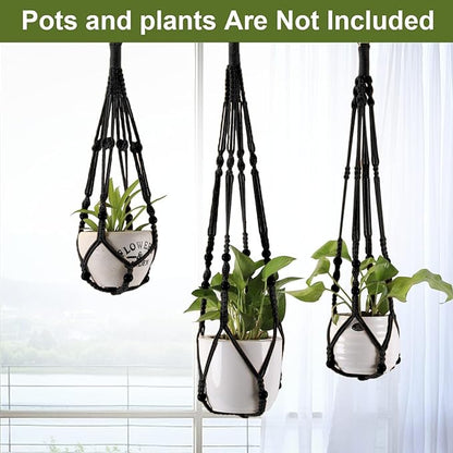 3-Pack Macrame Plant Hanger Indoor - Hanging Planter Basket for Indoor Outdoor - Decorative Boho Plant Holders Set with Beads - Ceiling Flower Pot Holder with 6 Hooks - 35"/30"/24" Black