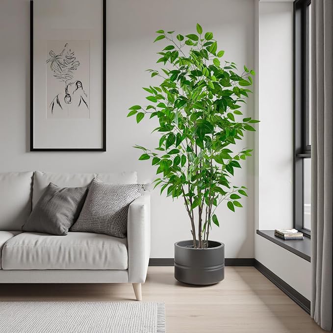 Artificial Ficus Tree with Green Leaves, 5ft Tall, Indoor Plant with Decorative Beige Planter