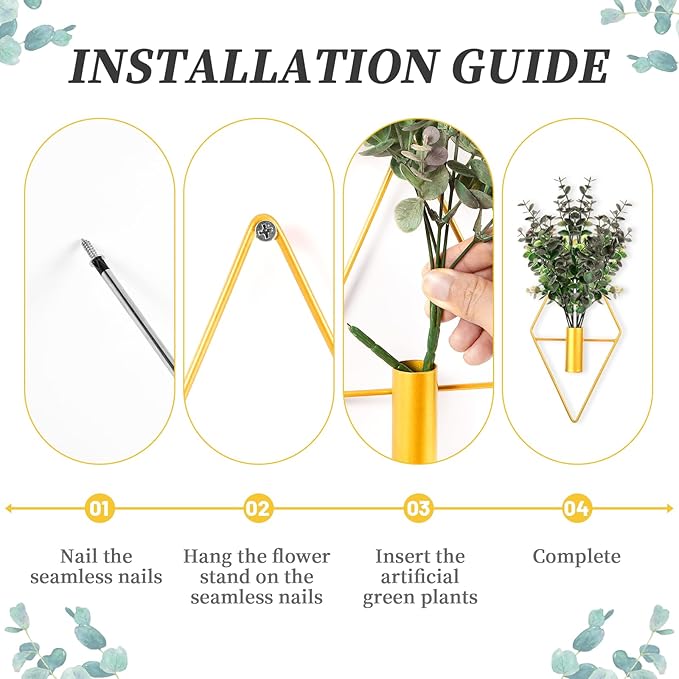 Wall Decor Hanging Planters with Artificial Plants, Modern Metal Wall Planter Set with Greenery Eucalyptus, Geometric Fake Plants for Gold Decor Living Room Aesthetic (2 Pcs)