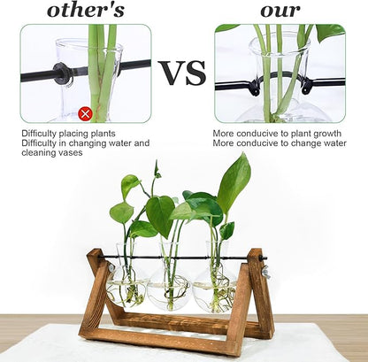 Plant Propagation Station, Plant Terrarium with Wooden Stand, Unique Gardening Birthday Gifts for Women Plants Lovers, Home Office Garden Decor Planter - 3 Bulb Glass Vases