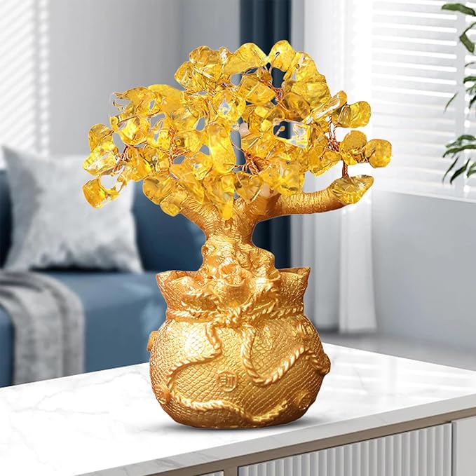 Golden Money Tree Ornament Bring Good Luck Fortune Lucky Bag Tree Resin Figurine Statue Sculpture Home Office Desktop Fengshui Decoration (Golden)
