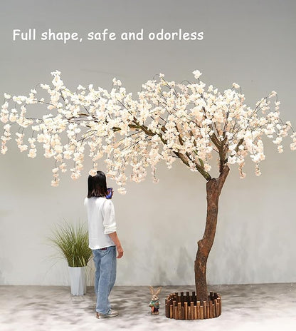 Artificial Cherry Blossom Tree 8.2Ft, White Silk Flowers with Solid Wood Trunk for Home & Garden Decor