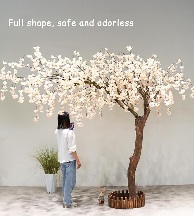 Artificial Cherry Blossom Tree 5.9Ft, White Silk Flowers with Solid Wood Trunk for Home & Garden Decor