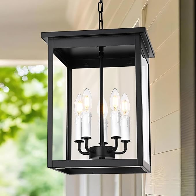 5 Lights Indoor Pendant Light White Outdoor Chandelier Exterior Hanging Fixtures Ceiling Mount with Clear Glass Shade Hanging Lantern Adjustable Pendant Lighting for Outdoor Hallway