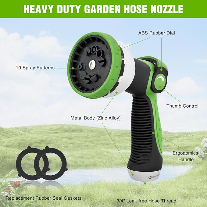 Yesker Garden Hose Nozzle Water Hose Sprayer Nozzle Adjustable 10 Spray Patterns Heavy Duty Metal Nozzles Thumb Control w Non-Slip Grip for Outdoor Watering Plants Lawn Washing Car Pets, Black & Green