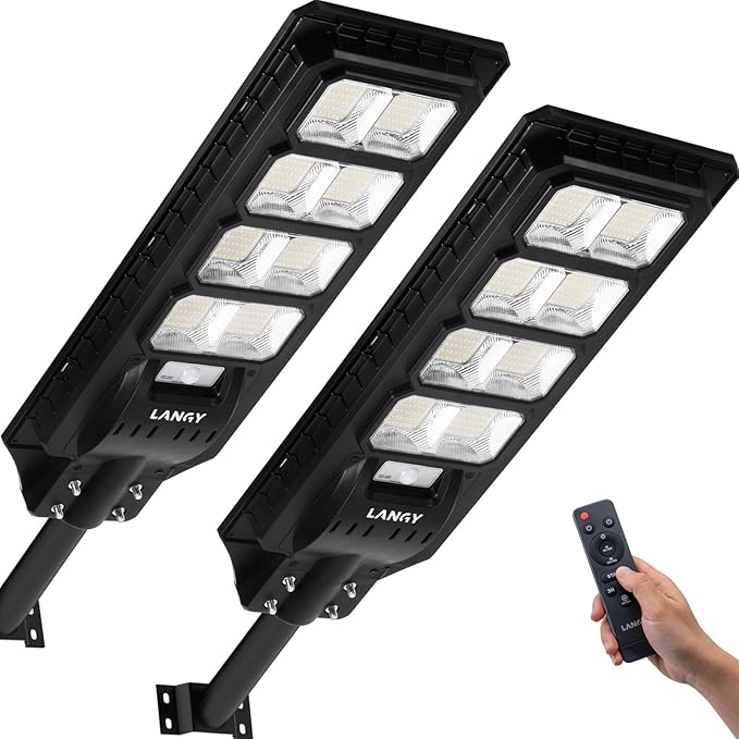 LANGY 2PACK Solar Street Lights Outdoor Lamp 200000 lumens with Remote Control,Dusk to Dawn Motion Sensor,IP65 Waterproof Solar Powered Outdoor Lamp for Parking Lots,Yard,Barn Basketball Court