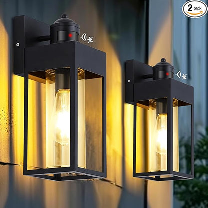 Motion Sensor Outdoor Wall Lanterns 2 Packs, Upgrade Dusk to Dawn Exterior Light Fixture, 3 Lighting Modes, Waterproof Front Porch Lights for Garage Patio Garden House Entryway, Black.