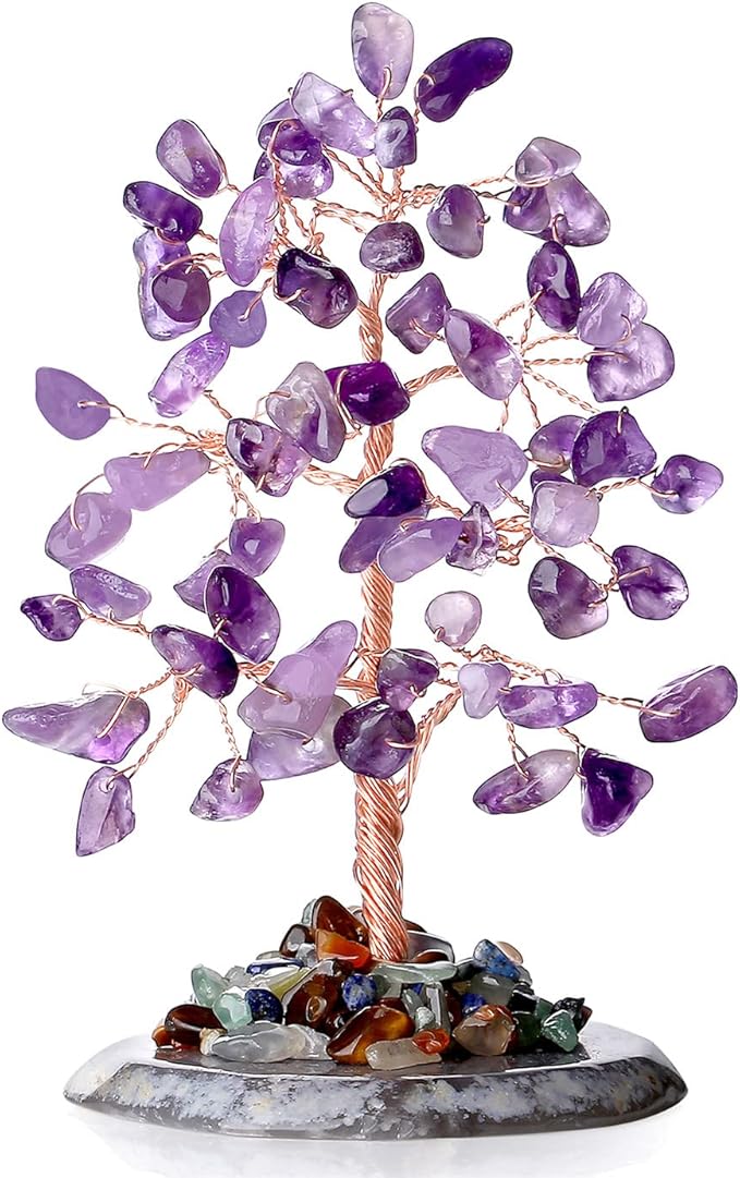 Amethyst Healing Crystal Tree of Life Natural Gemstone Agate Slice Base Copper Wire Wrapped Money Trees Feng Shui Reiki Spiritual Energy Decorations Home Office Room Desk Decor Gifts for Women Men