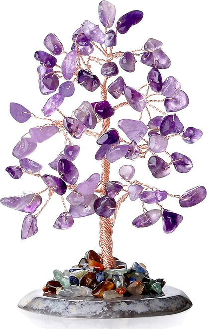 Amethyst Healing Crystal Tree of Life Natural Gemstone Agate Slice Base Copper Wire Wrapped Money Trees Feng Shui Reiki Spiritual Energy Decorations Home Office Room Desk Decor Gifts for Women Men