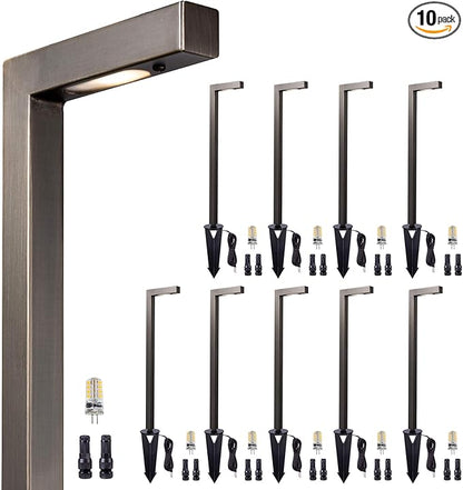 Gardenreet Brass Outdoor Garden Lights, Low Voltage Wired Landscape Path Lights, 12V Electric Waterproof Bronze L Shape Pathway Lights for Walkway Sideway Patio with 3W 270LM 5000K G4 Bulb 10 Pack
