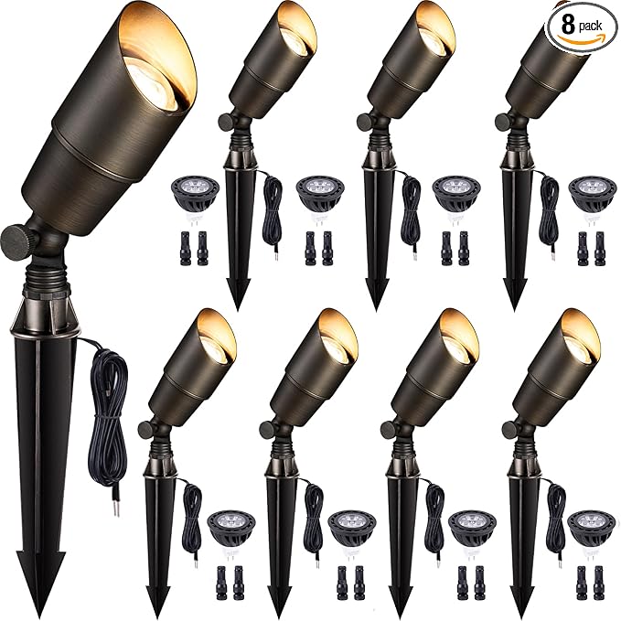 Gardenreet Spot Light Brass - Outdoor Landscape Spotlights 12V, LED Low Voltage Landscaping Uplights, All Weather Hard-Wired Bronze for Backyard Lawn with Warm White Changeable Bulbs (8 Pack)