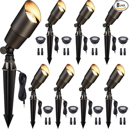 Gardenreet Spot Light Brass - Outdoor Landscape Spotlights 12V, LED Low Voltage Landscaping Uplights, All Weather Hard-Wired Bronze for Backyard Lawn with Warm White Changeable Bulbs (8 Pack)