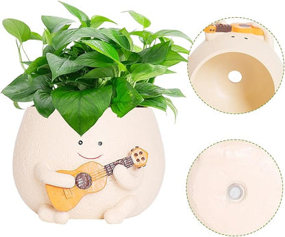Planter Pot with Drainage Hole Cute Resin Head Planters for String of Pearls Plant Live Unique Guitar Succulent Pots for Indoor Outdoor Plants Gift IdeaI for Christmas (Large)