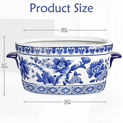 Blue and White Ceramic Planter Pot – Vintage Floral Oval Cachepot Vase for Indoor Plants, Flowers & Succulents – Glazed Chinese Porcelain Style Decorative Bowl –10.6" Size – No Drainage