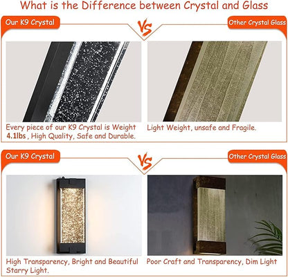 Black Wall Sconce with K9 Crystal Bubble and Dusk to Dawn Sensor, Exterior LED Wall Mounted Light, Modern Porch Lantern, Light Fixture for Indoor and Outdoor
