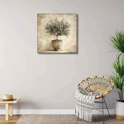Olive Tree in Vessel Rustic Canvas Wall Art Neutral Botanical Wall Decor Pictures Antique Vintage Potted Plant Poster Prints for Farmhouse Kitchen Dining Room Home Decoration 12x12in Ready to Hang