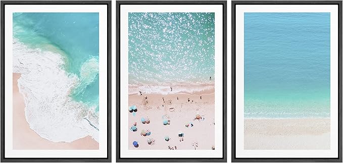 Ashbrook Framed Wall Art Print Set Aerial View Nautical Beach Ocean Wave View Nature Wilderness Photography Modern Art Scenic Colorful Chic for Living Room, Bedroom, Office - 16"x24"x3 Black