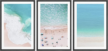 Ashbrook Framed Wall Art Print Set Aerial View Nautical Beach Ocean Wave View Nature Wilderness Photography Modern Art Scenic Colorful Chic for Living Room, Bedroom, Office - 24"x36"x3 Black