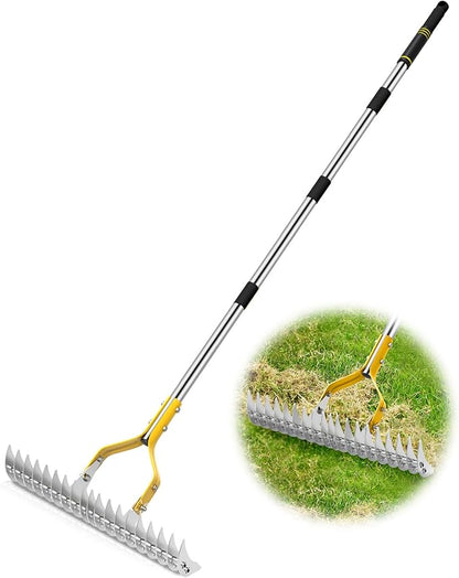 Thatch Rake, 15 Inch Lawn Thatching Rakes for Cleaning Dead Grass, Efficient Metal Steel Lawn Dethatcher with Sponge Handle, Lawn loosening Soil Grass Rake (Silver)