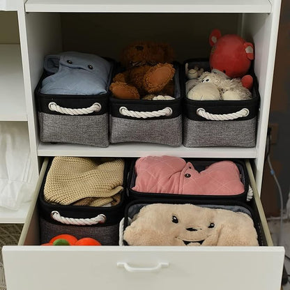 TheWarmHome Storage Basket for Organizing - 12x8x5.2 inch Small 6 Pack Collapsible Storage Bin for Shelves with Rope, Fabric Storage Cubes for Cloth Gift Toy Decorative Organizer (Black & Grey)