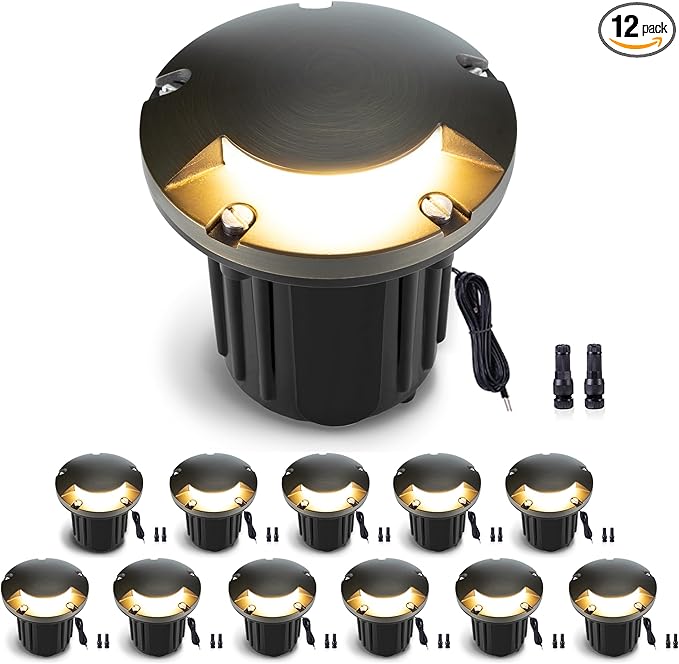 Gardenreet Landscape Well Lights Brass - Ip65 Hardwired Low Voltage Electric In Ground Lighting, LED 12V Waterproof Directional Fixture, Antique Bronze for Deck Patio Yard Without MR16 Bulb