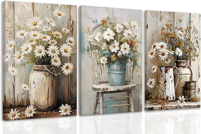 DUWQU 3 PCS Elegant Farmhouse Canvas Wall Art, Vintage Floral Pictures Wall Decor, Nature Themed Daisy Art Prints for Living Room Bedroom Kitchen and Office Ready to Hang 12×16 Inches