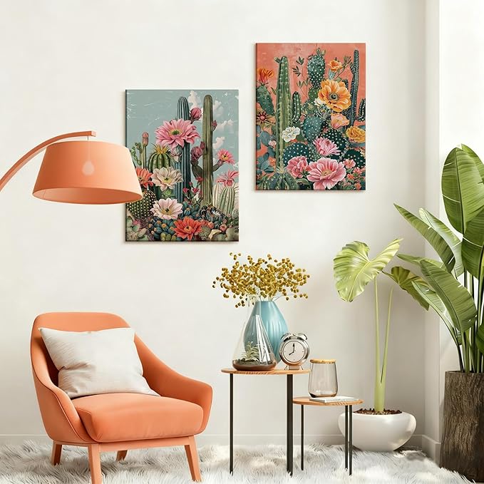 RUMSICH 2Pieces Mexican Cactus Canvas Wall Cover Art Vintage Desert Floral Wall Decor Paintings Southwestern Artwork Pictures Bohemian Botanical Posters Print Bedroom Bathroom Office Decor 16×24 Inch