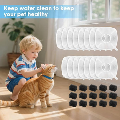 15+15 Pack Cat Water Fountain Filters, Replacement Pet Carbon Filtration with 15 Pre-Filter Sponges for Dog Stainless Steel Fountain, Fit for 67oz, 95oz, 108oz or 135oz Automatic Dog Water Dispenser