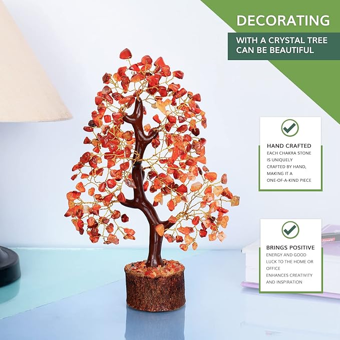 NARIBABU Carnelian Crystal Tree – 10-12 Inch Gemstone Tree with Golden Wire & Wooden Base – Healing Crystals Decor, Spiritual Gift, Gifts for Her, Birthday Gift for Women, Positive Energy Trees