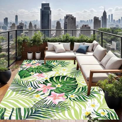 Green Pink Tropical Palm Monstera Leaves Floral Outdoor Rug for Patio Decl Backyard Balcony Porch Machine Washable Waterproof Outside Carpet RV Camping Kitchen Laundry Bathroom Floor Rug 2x6