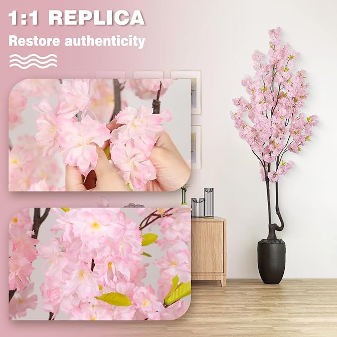 7.2ft Tall Pink Faux Cherry Blossom Tree for Home Decor, Likelike Artificial Silk Flower Cherry Branches Tree Indoor Outdoor, Sakura Tree Realistic Fake Flowering Plant for Christmas Decor