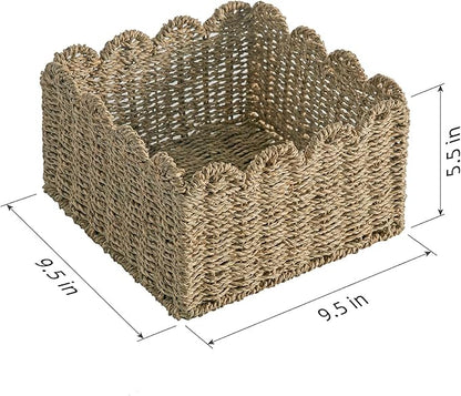 Scalloped Basket, Wicker Storage Baskets, Hand Woven Baskets for Shelves,Natural Baskets for Organizing (Seagrass(S-9.5" L x 9.5" W x 5.5" H))