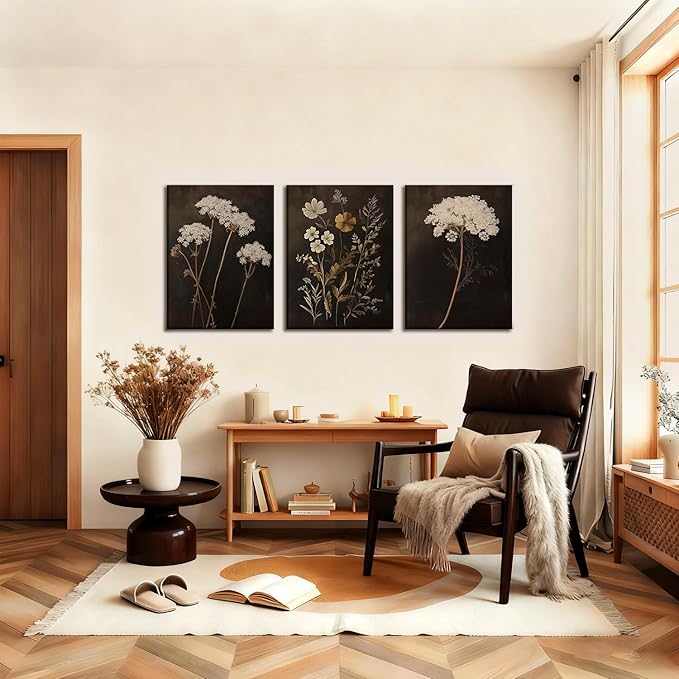 Kdyudo Vintage Floral Canvas Wall Art Atmospheric Wildflower Decorative Paintings Black Floral Plant Print Mural Farmhouse Country Style Posters Suitable For Gallery, Bedroom, Office 12 X 16 Inches Framed