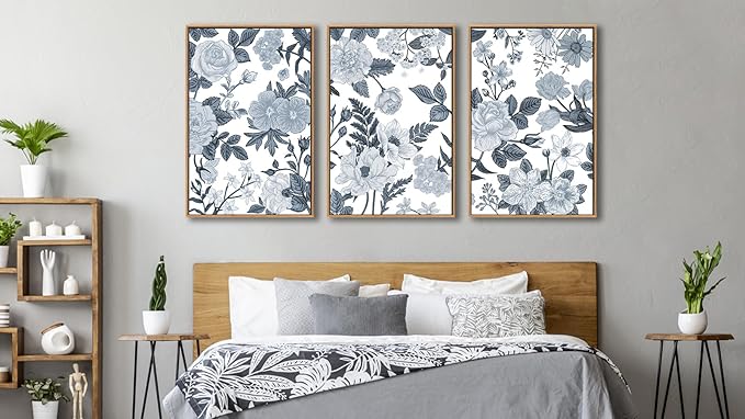 Large Framed Canvas Wall Art - Natural Float Framed Rustic Grey White Flowers Pictures Decor Gray Blue Leaves Artwork Prints for Bedroom Living Room Kitchen Home Office Decoration 72" X 36" Set of 3