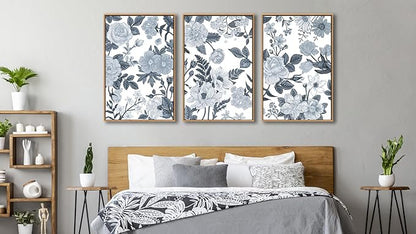 Large Framed Canvas Wall Art - Natural Float Framed Rustic Grey White Flowers Pictures Decor Gray Blue Leaves Artwork Prints for Bedroom Living Room Kitchen Home Office Decoration 60" X 28" Set of 3