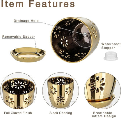 Oairse 6 inch Orchid Pots with Holes, Gold Ceramic Orchid Pot for Repotting Small Indoor Plant Pots with Drainage Holes and Saucers Decorative Flower Planter for Orchids, Indoor Plant
